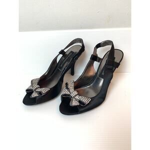 Steve Madden Luxe Black Satin Sling Back Heels Rhinestone Bow Toe US 6.5